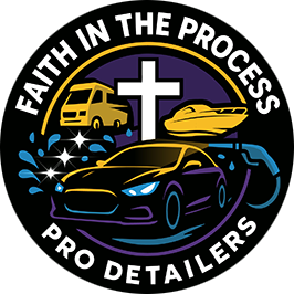 Faith in the Process Pro Detailers logo with a gold truck, white cross, gold car, and black sports car on black background