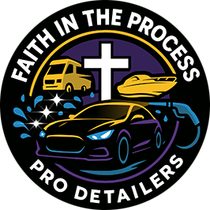 Faith in the Process Pro Detailers logo with a gold truck, white cross, gold car, and black sports car on black background