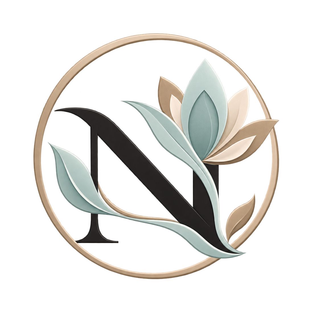 Stylized black N in a gold circle with teal and beige leaves