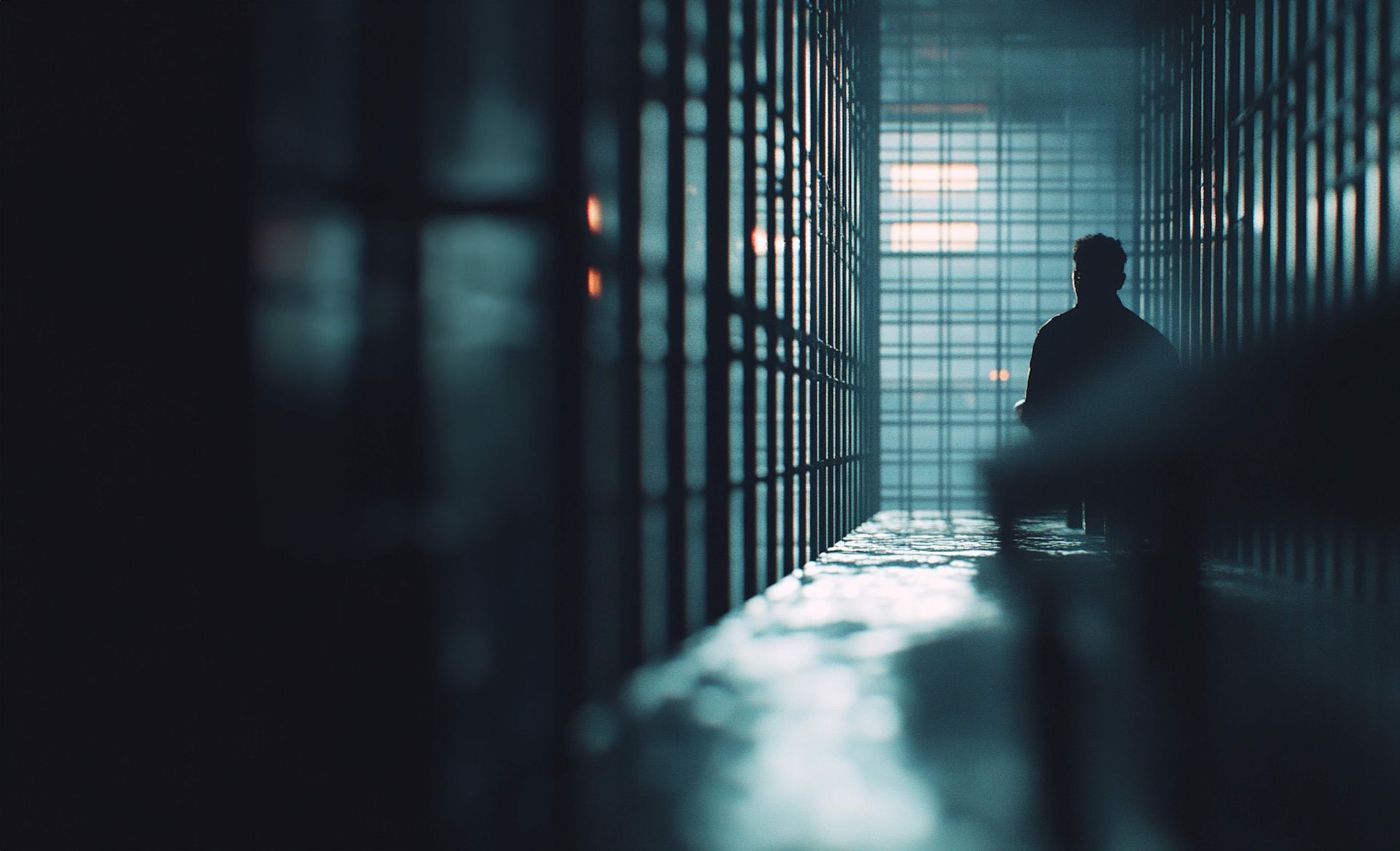 Silhouette of a person seated in a dimly lit jail corridor with metal cell bars, representing detent