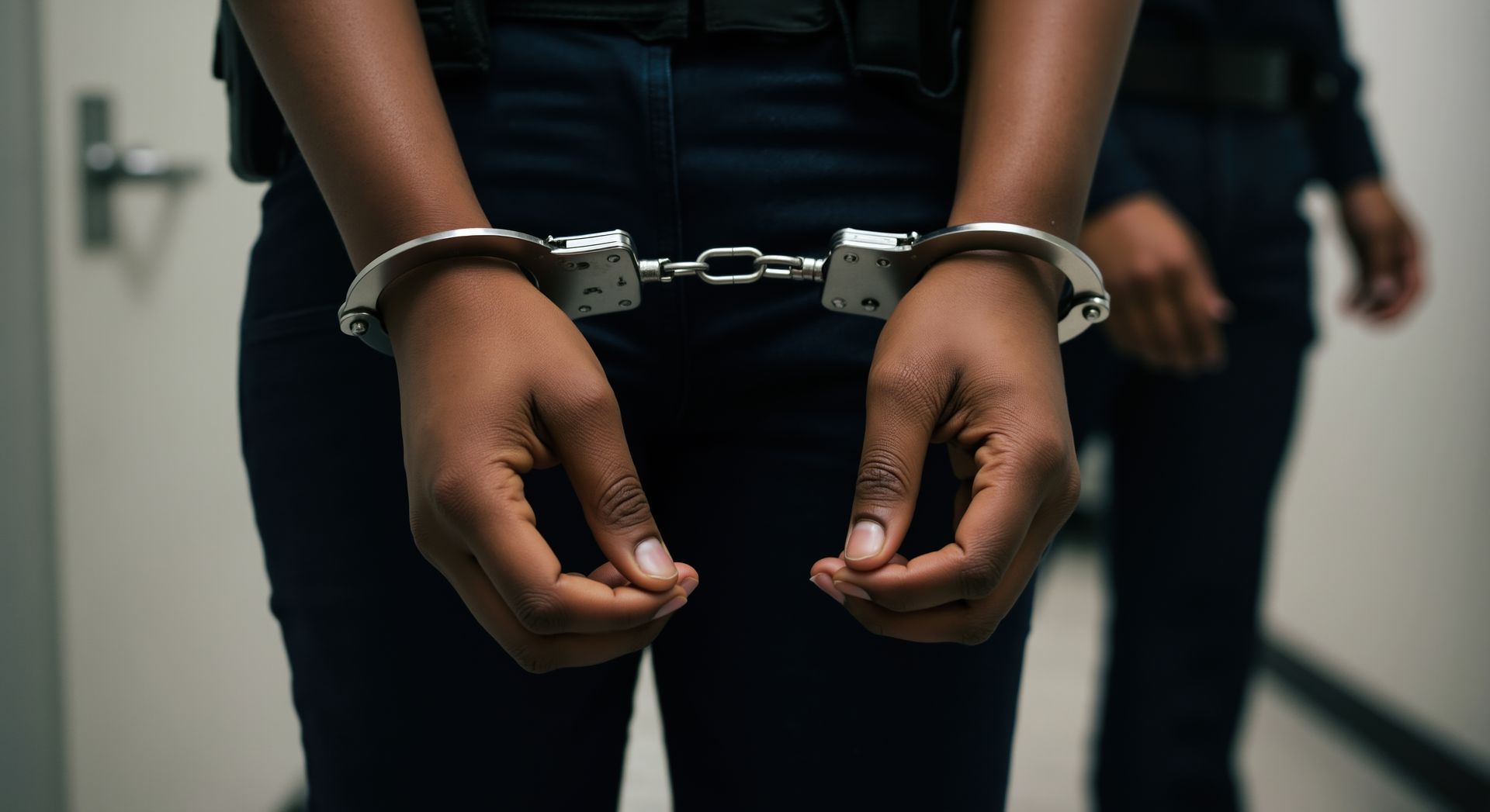 Handcuffed person standing in a hallway, hands held in front of their body. Handcuffed person standing in a hallway, hands held in front of their body.
