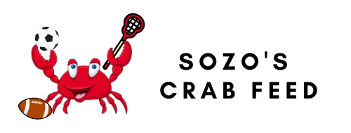 The logo for sozo 's crab feed shows a crab holding a tennis racquet and a football.