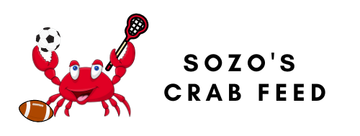 The logo for sozo 's crab feed shows a crab holding a tennis racquet and a football.
