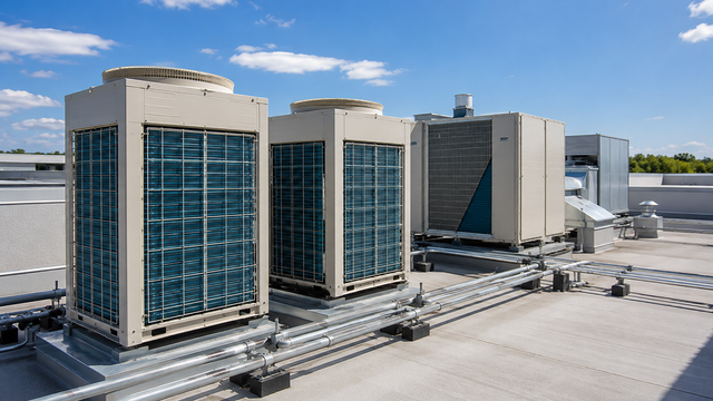 Rooftop HVAC units and ductwork on an industrial building under a clear sky