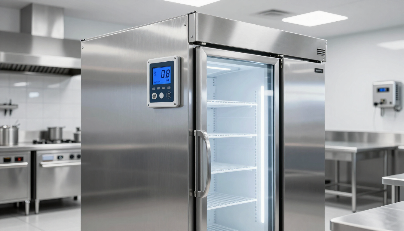 Stainless steel commercial refrigerator with open door in a bright restaurant kitchen