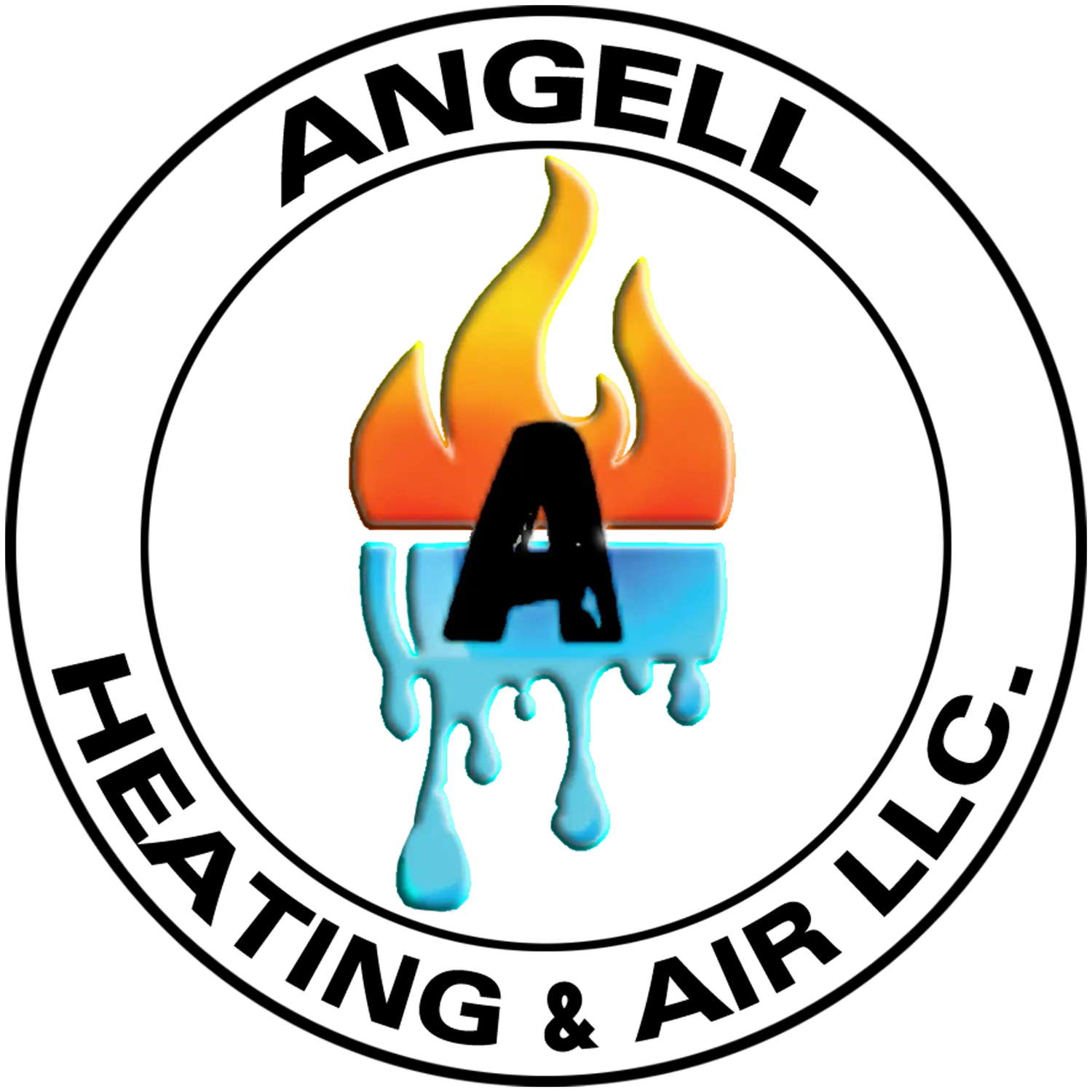 Angell Heating & Air LLC logo with a flame and melting blue droplet around a black “A”