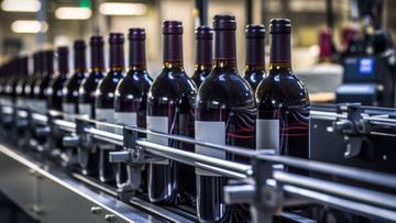 A conveyor belt filled with bottles of wine in a factory.