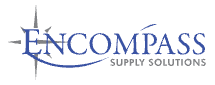 The logo for encompass supply solutions has a compass on it.