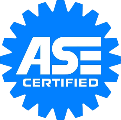 A blue and white logo that says ase certified