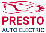 The presto auto electric logo has a red car on it.