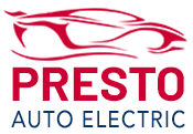 The presto auto electric logo has a red car on it.