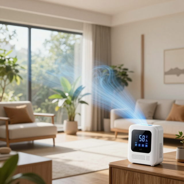 Smart humidifier on a table in a bright living room, releasing mist toward a sunlit window.