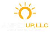 Logo: Yellow lightbulb radiating light, with "Amped Up, LLC" and "Lighting Solutions" in white text.