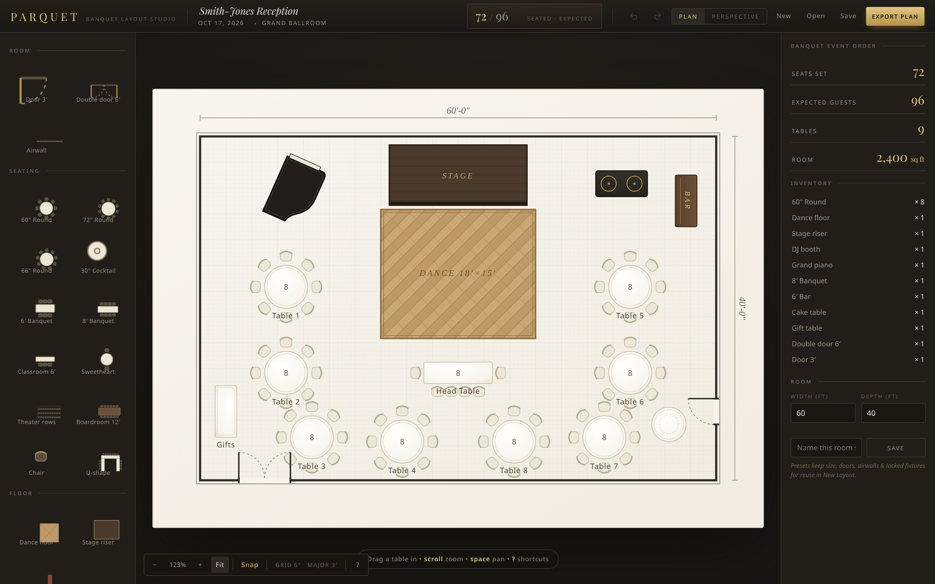 Parquet floor plan of a ballroom with round tables, stage and dance floor