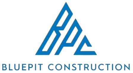 Blue logo featuring a stylized triangle with the letters "BPC" inside, above the text "BLUEPIT CONSTRUCTION".