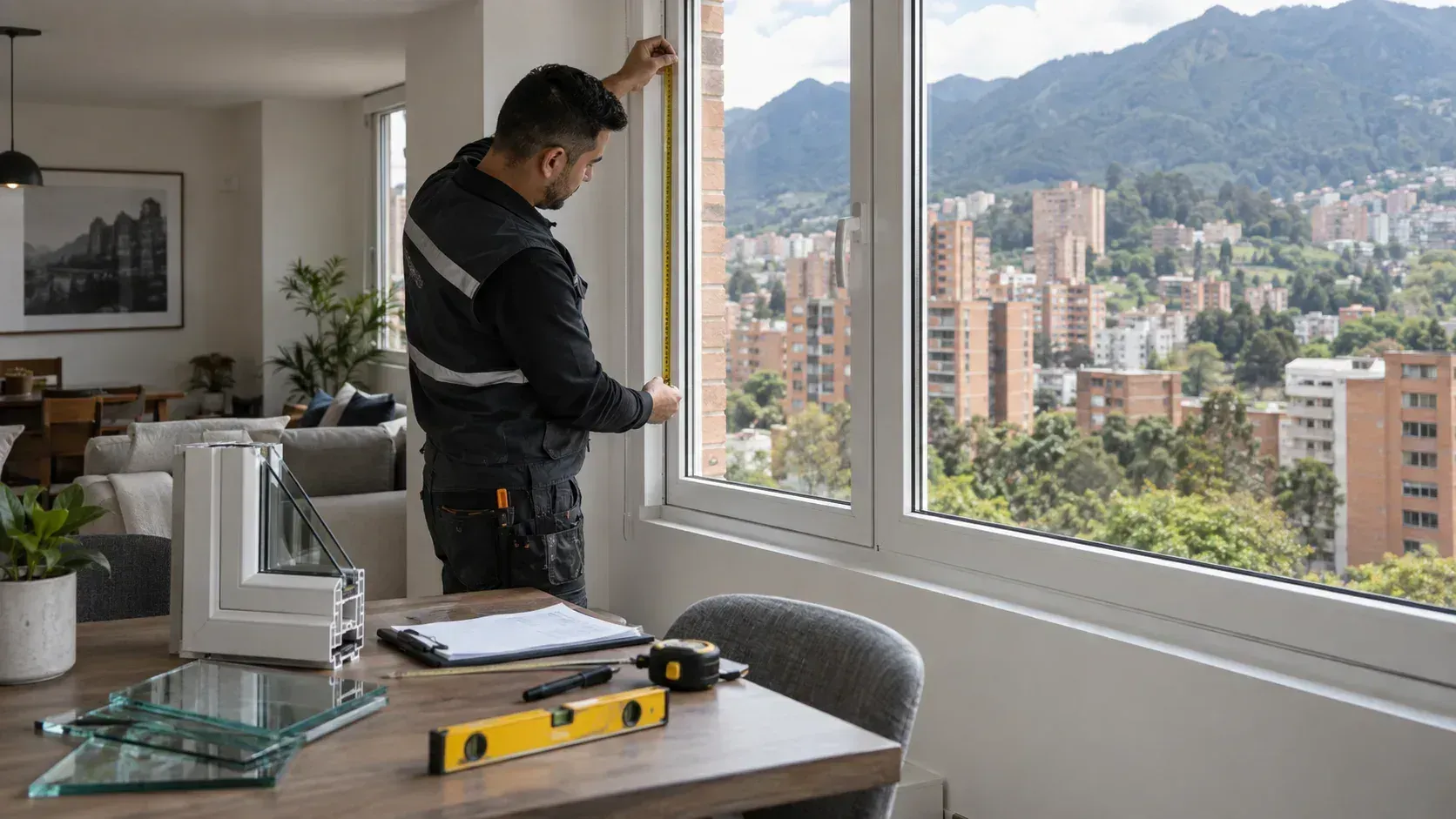 Técnico tomando medidas para la instalación de una ventana en PVC en un apartamento de Bogotá.