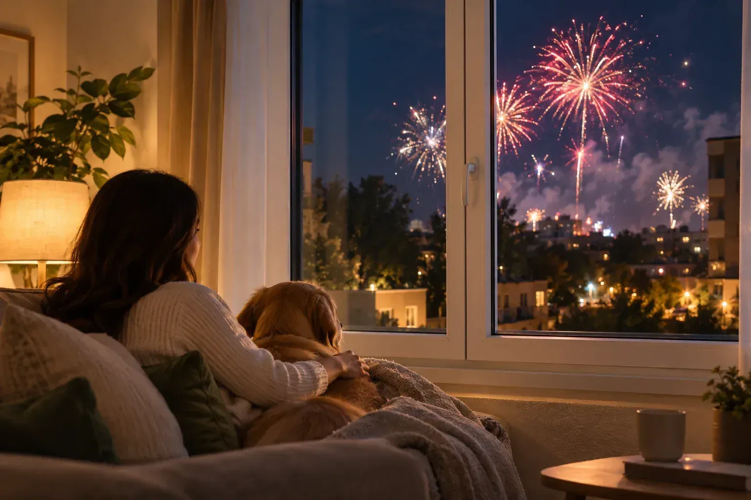 Ventana acústica en vivienda durante una noche con fuegos artificiales en diciembre.