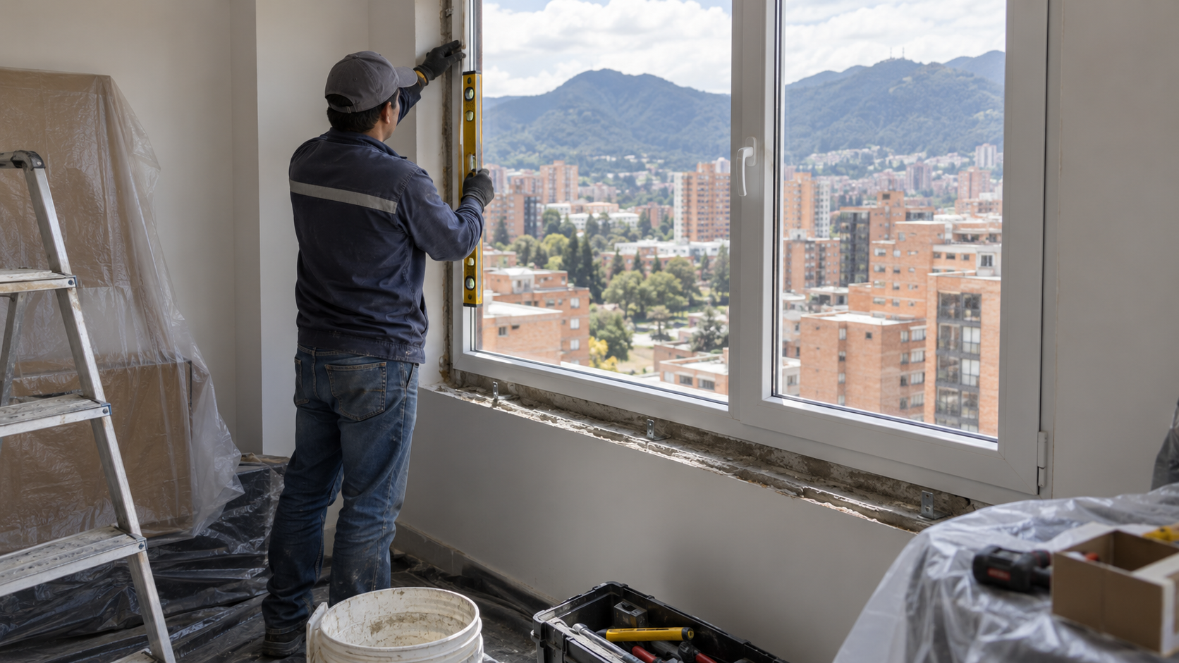 Instalador aplicando sellado perimetral en una ventana termoacústica de PVC con vista a edificios y montañas de Bogotá.