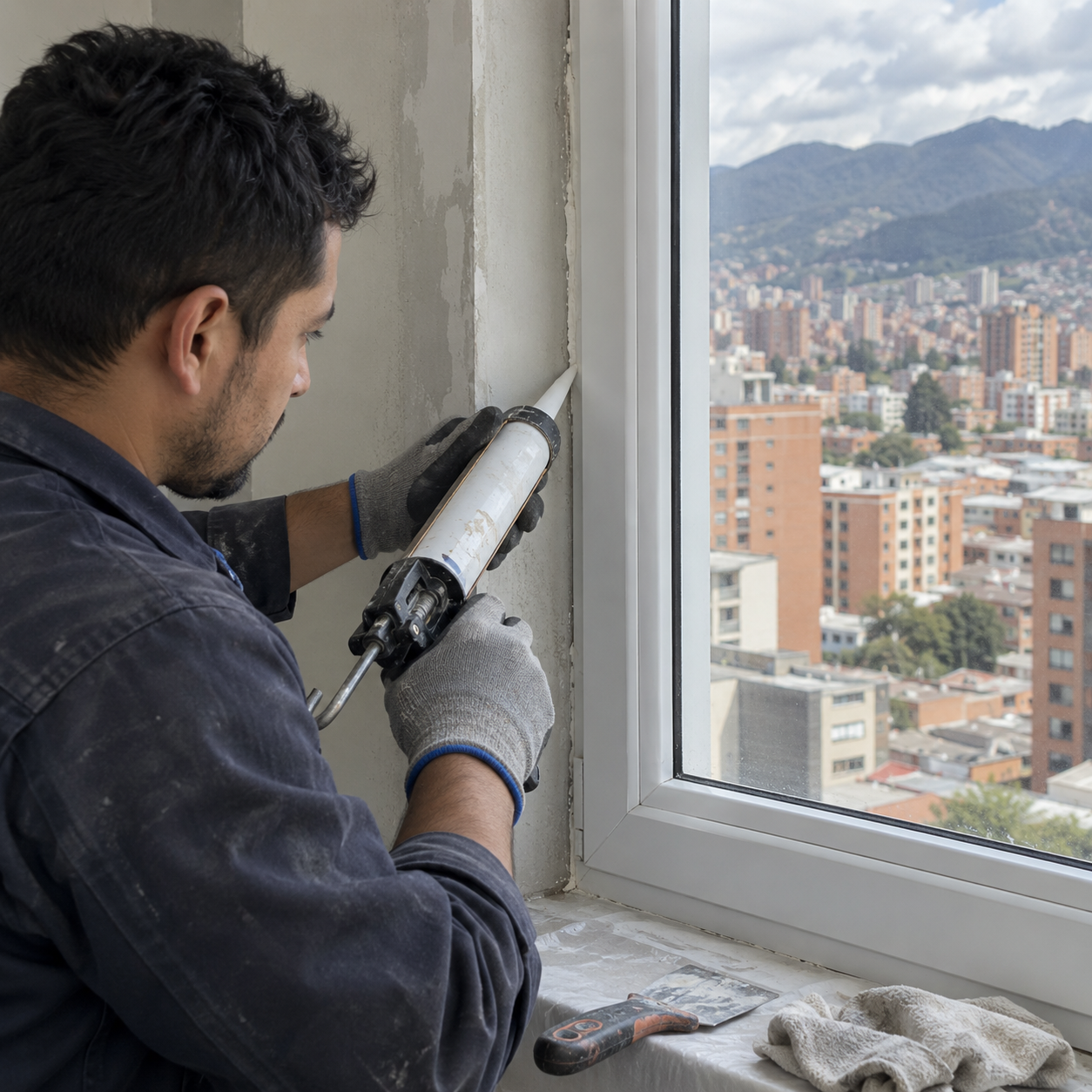 Técnico instalando una ventana termoacústica en un apartamento con vista urbana y montañas de Bogotá