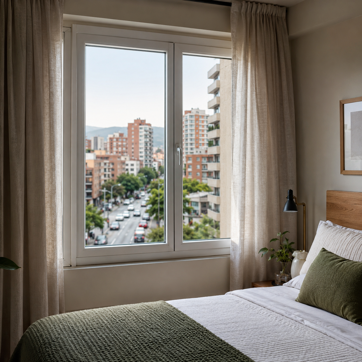 Ventana acústica de PVC instalada en dormitorio de apartamento con vista urbana.