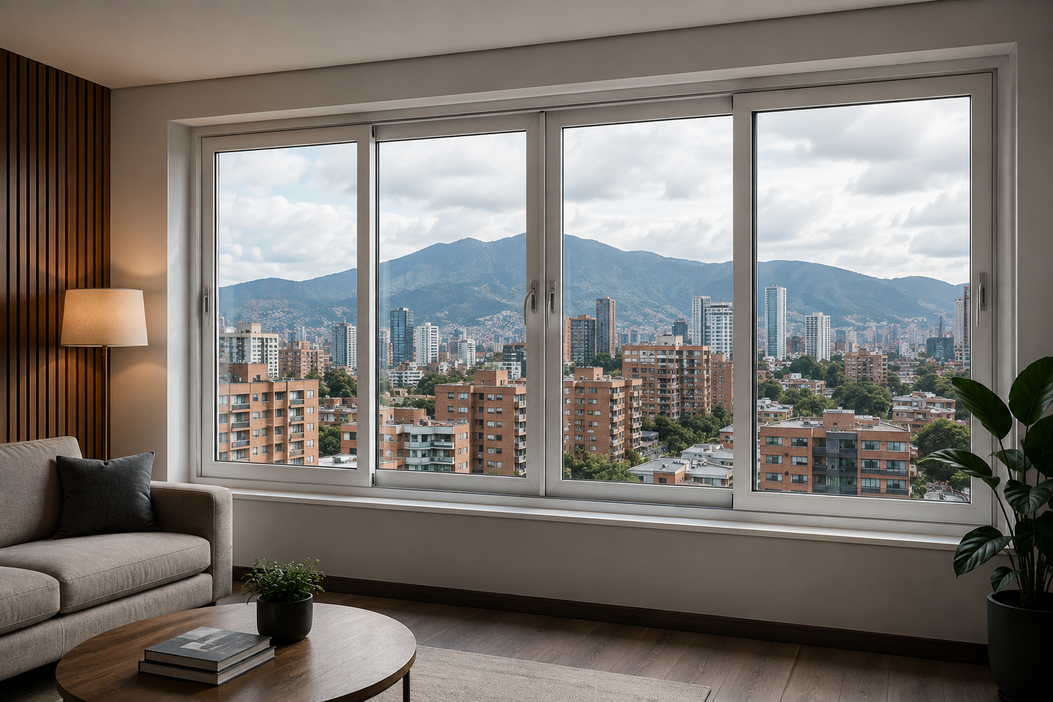 Interior de sala con ventanal termoacústico en PVC, iluminación cálida y vista a edificios de Bogotá