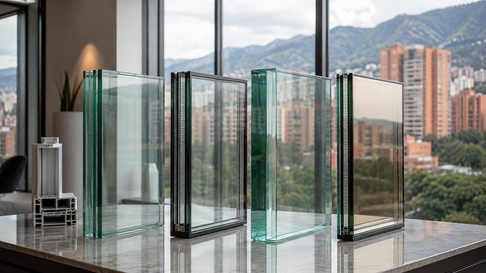Muestras de vidrios para ventanas termoacústicas sobre una mesa con vista urbana de Bogotá al fondo.