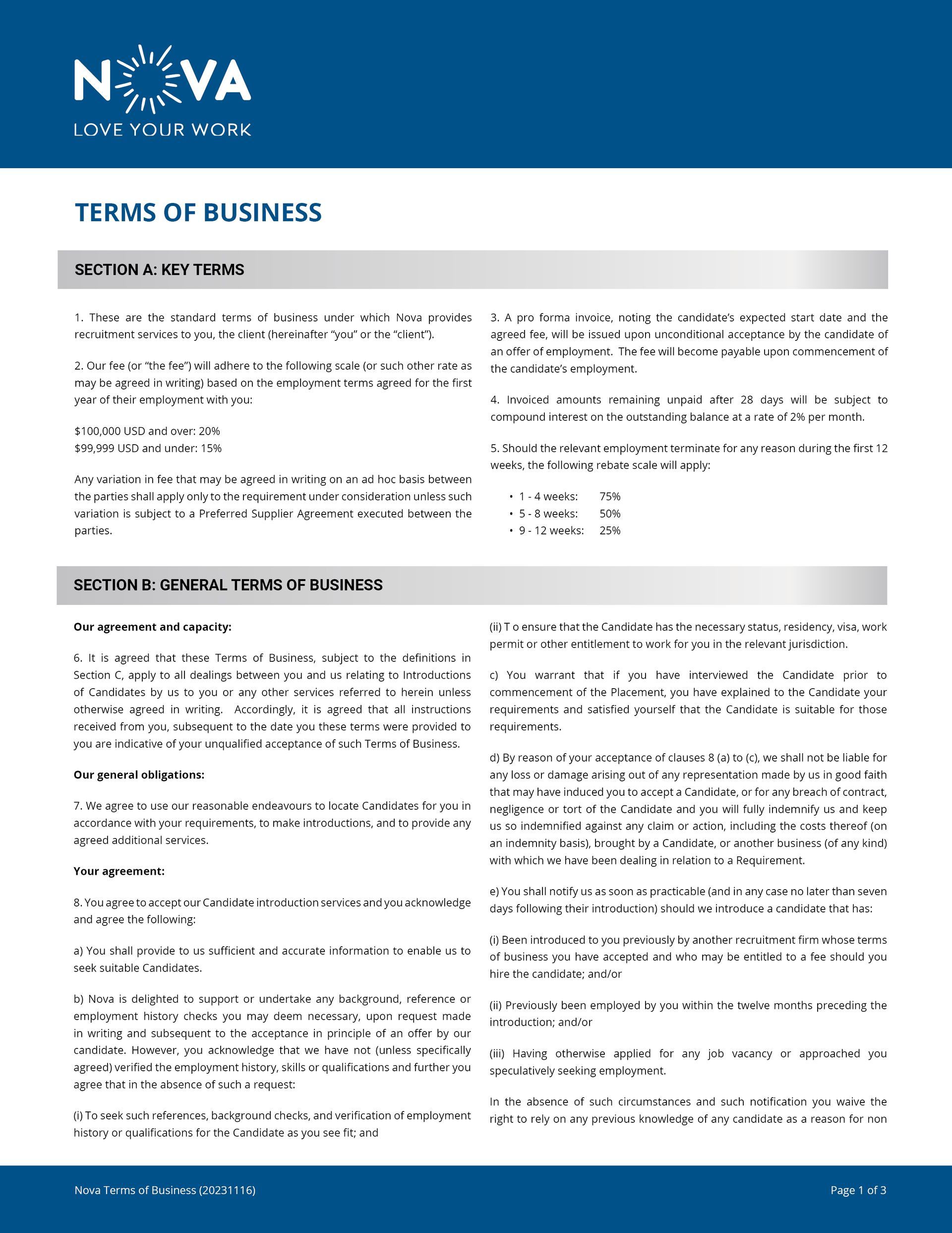 nova terms of bussiness