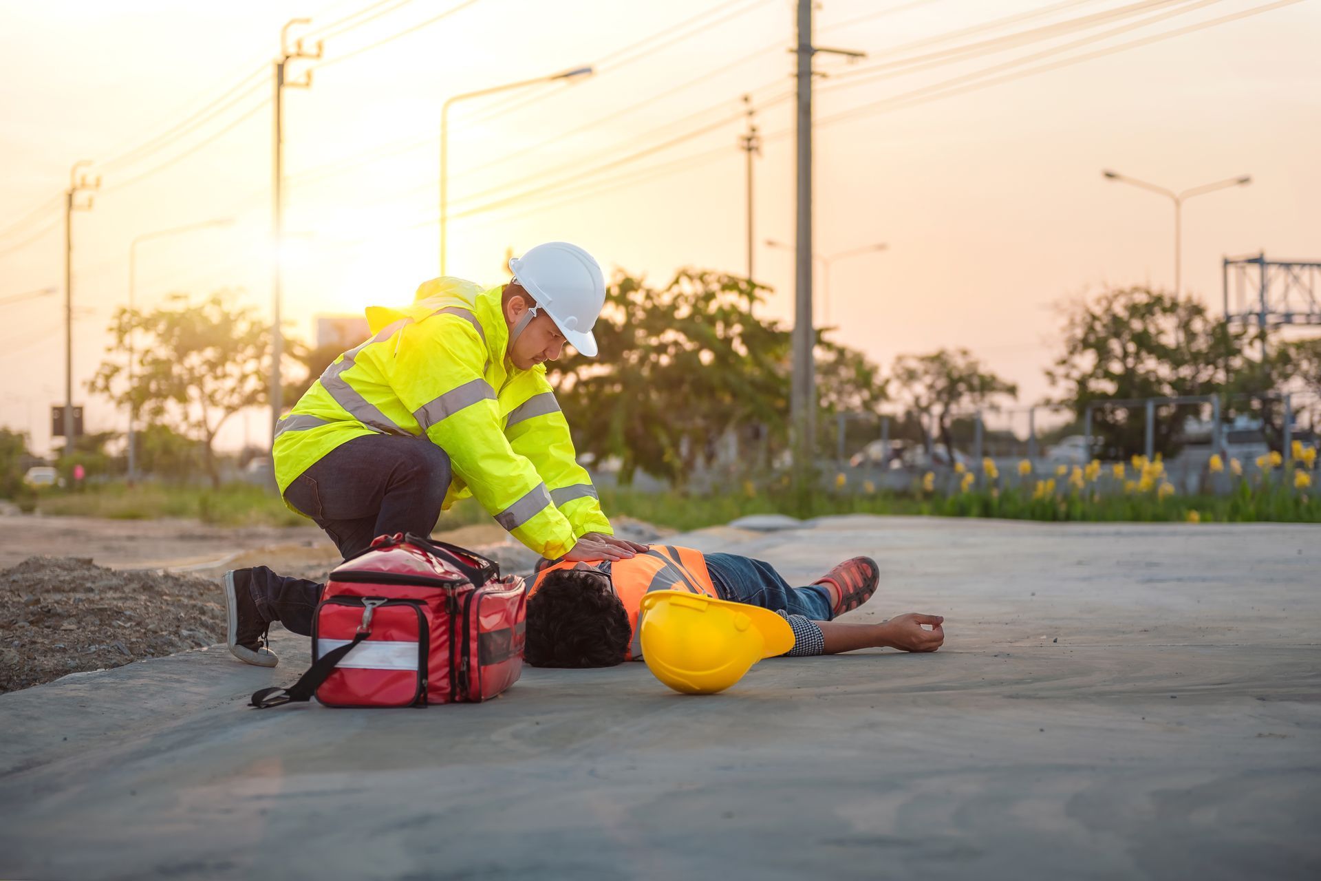 A man in a hard hat is laying on the ground and a paramedic is kneeling down to help him.