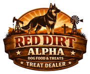 White grayscale logo for Red Dirt Alpha dog food and treats, with wolf, barns, and “Treat Dealer” text