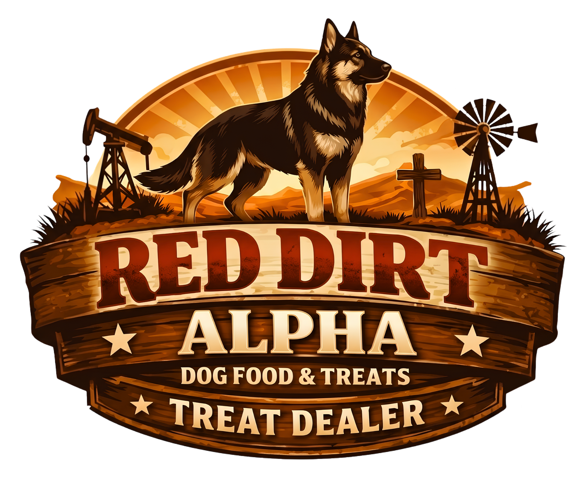 White grayscale logo for Red Dirt Alpha dog food and treats, with wolf, barns, and “Treat Dealer” text