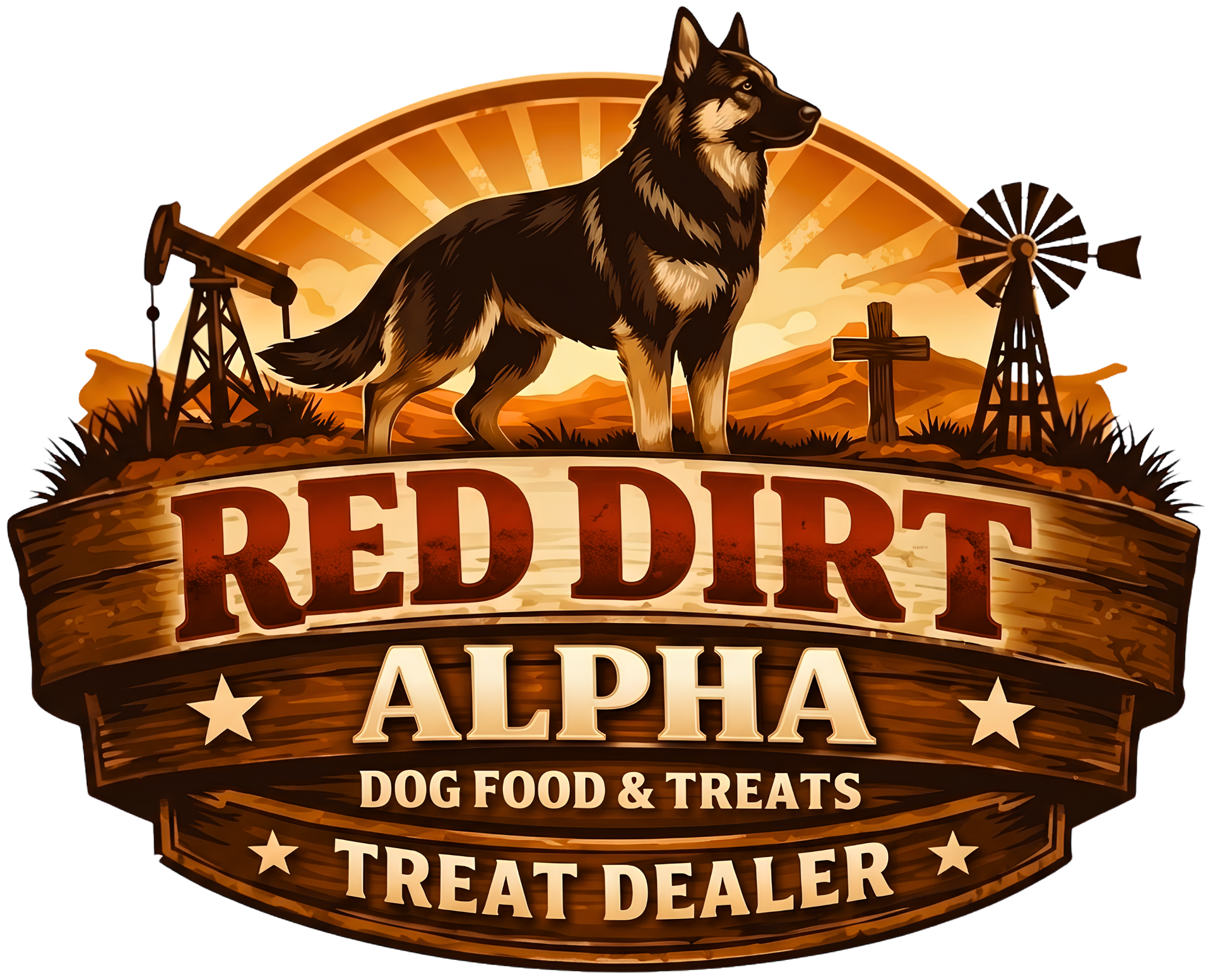 Red Dirt Alpha dog food and treats logo with German shepherd on rustic wood sign and farm silhouettes