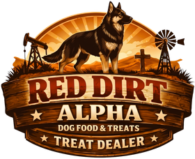 Red Dirt Alpha dog food and treats logo with German shepherd on rustic wood sign and farm silhouettes