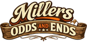 Millers Odds and Ends logo in brown and tan vintage-style lettering on a ribbon banner