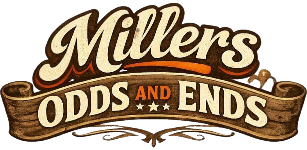 Millers Odds and Ends logo in brown and tan vintage-style lettering on a ribbon banner