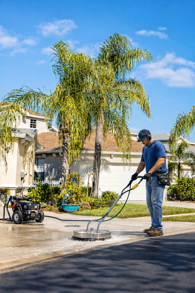 A person in a blue shirt uses a surface cleaner attached to a pressure washer to clean a concrete driveway.