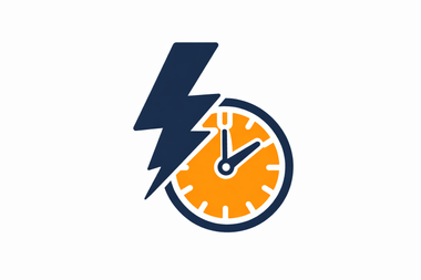 An orange clock face with dark blue outlines and hands, partially obscured by a dark blue lightning bolt icon.