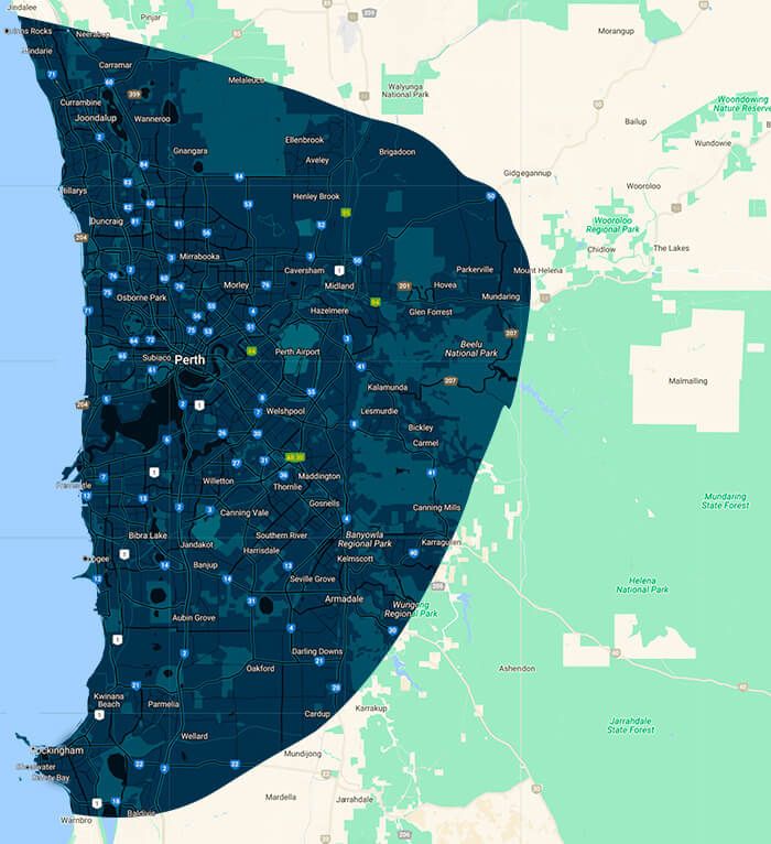 A map of a large area with lots of dots on it