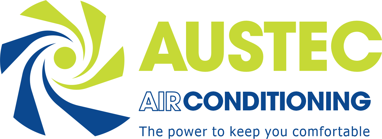 A logo for austec electrical & air with a blue and green swirl.
