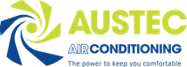 A logo for Austec Air Conditioning with a blue and green swirl.