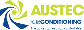 A logo for austec electrical & air with a blue and green swirl.