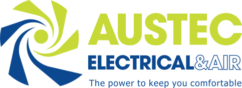 A blue and green logo for austec electrical & air