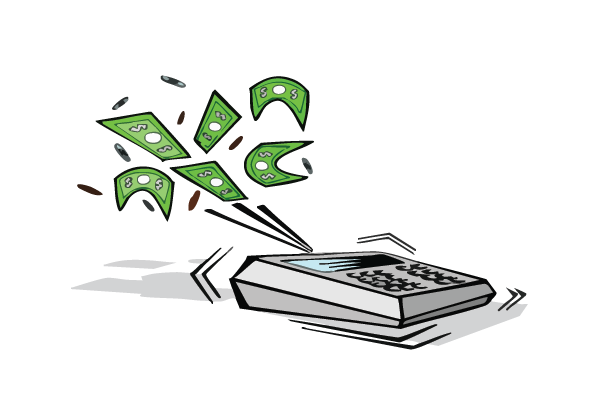 A cartoon of a calculator with money coming out of it.