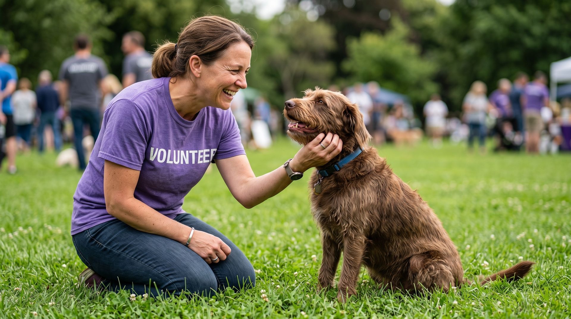 Woman kneels in a park, smiling and petting a brown dog during a volunteer event.