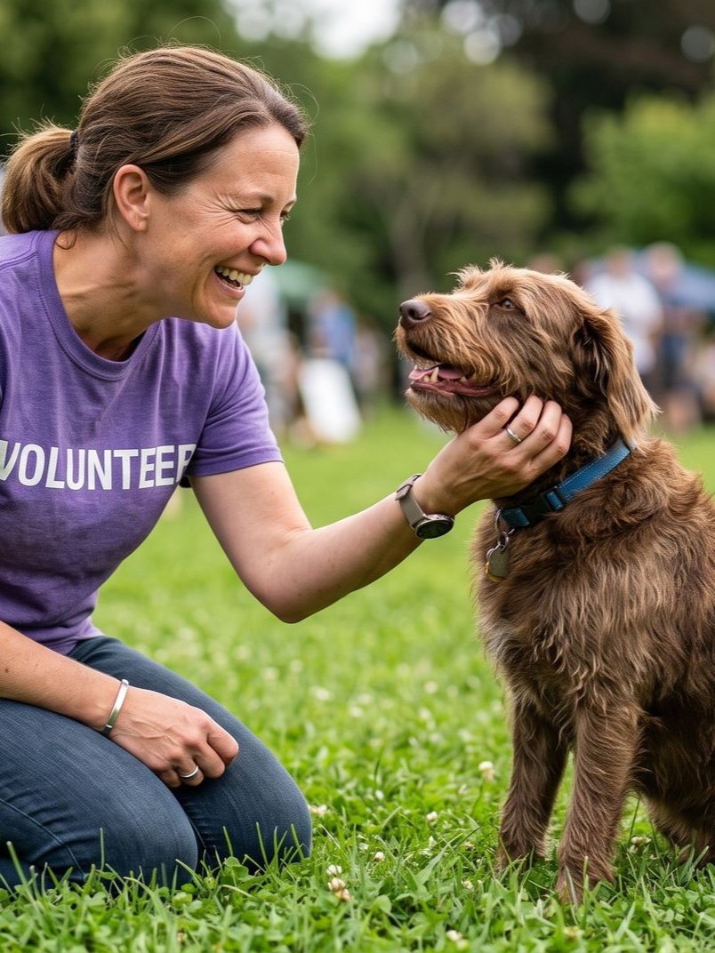 Volunteer kneeling on grass, smiling and petting a brown dog outdoors.