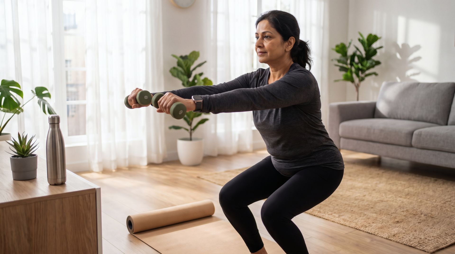 Woman doing a squat exercise in a bright living room with yoga mat and plants.