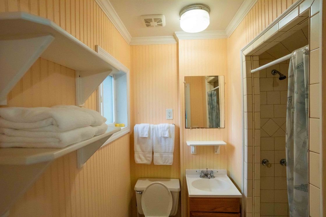 Compact bathroom with toilet, sink, shower, towel rack, and built-in shelves in light wood tones