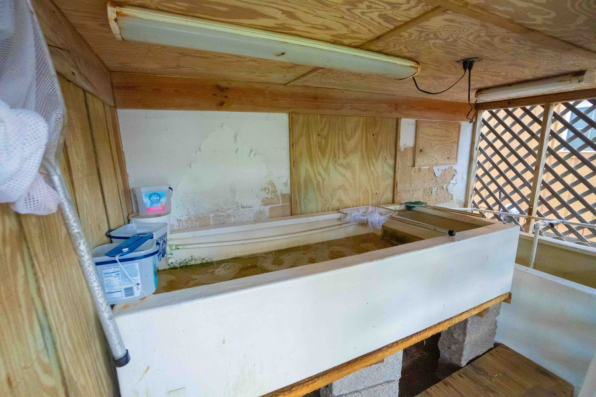Wood-paneled rustic interior with a large white bathtub and tiled wall area