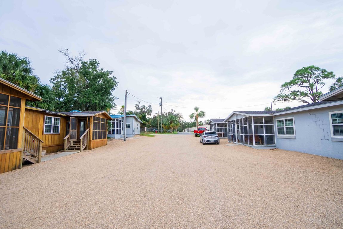 Gravel lot between rustic cabins and blue motel units under a cloudy sky, with a parked car in the center.