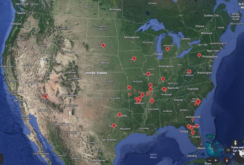 U.S. map with many red location pins across the Midwest, South, and East Coast.