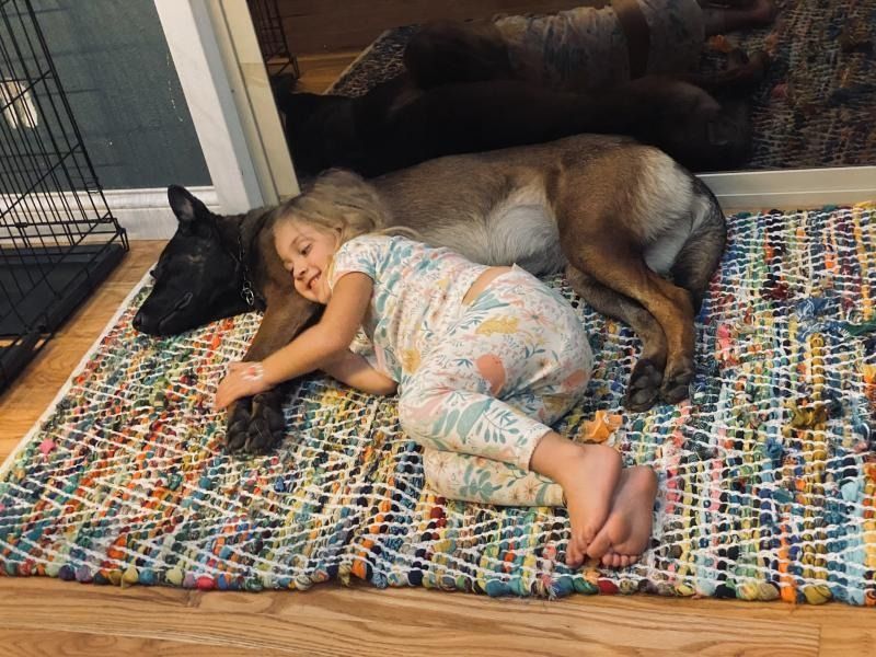 Dog sleeping beside a child curled up on a colorful rug indoors